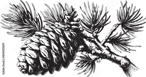Pinecone on a conifer branch. Detailed vector illustration in black and white style.