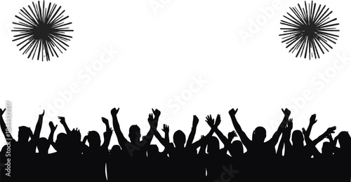 Silhouette of cheering crowd with fireworks