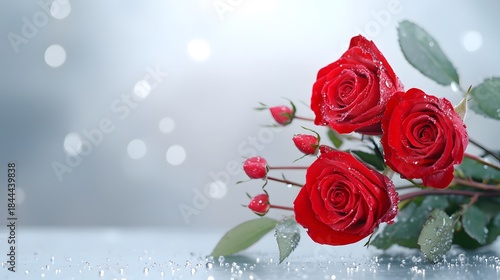Romantic Red Roses with Dew Drops on Soft Bokeh Background
