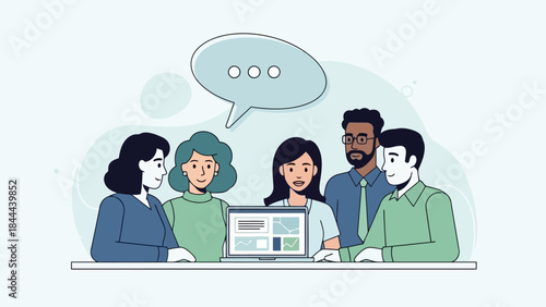 Diverse group of people discussing in front of laptop