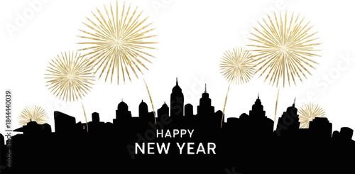Festive New Year's Eve celebration with dazzling golden fireworks illuminating a city skyline silhouette