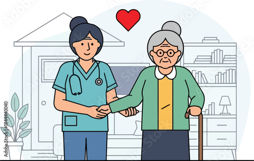 Nurse assisting senior woman at home with care and support