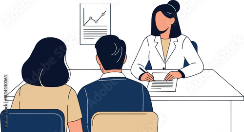 people sitting at a desk with a woman in a white coat