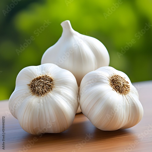 Hyper-Realistic Close-Up of Fresh Garlic Bulbs on Wood
