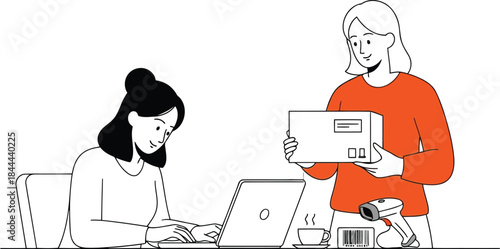 Two women working together with laptop and package