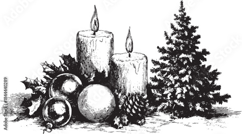 Vintage black and white engraving of a Christmas tree with candles, ornaments, and holly. This classic set captures the festive spirit in a vector illustration.