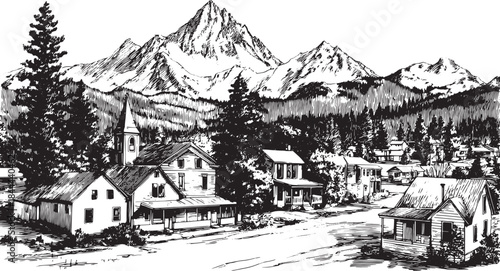 Mountainous town landscape featuring buildings and trees. Black and white vector illustration with rustic charm and detailed scenery.