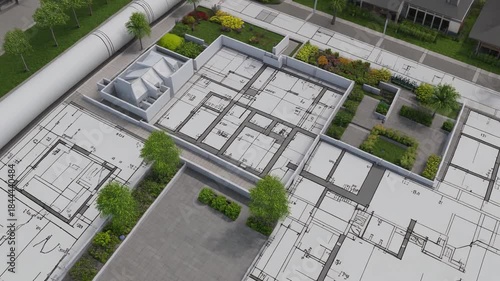 Aerial View Of A Green Roof Garden Park With Concrete Architecture And Paved Pathway Under Sunlight