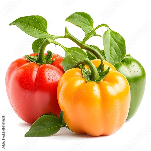 Fresh Red Yellow Green Bell Peppers with Leaves