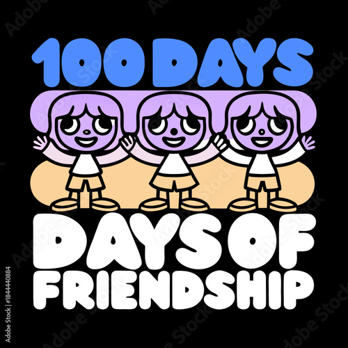 Three happy cartoon kids celebrating 100 days of friendship