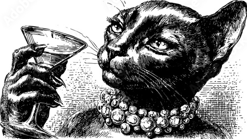 Black cat holding a martini in a vintage illustration. Elegant and chic portrayal with detailed jewelry, illustrated as a vector set.