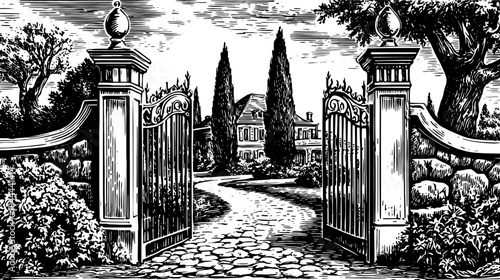 Vintage gate entrance to a mansion with a cobblestone pathway. Detailed black and white vector illustration of a garden landscape.
