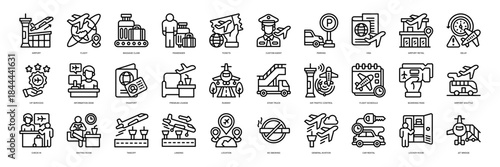 Airport icon collection line style. containing Airport, Flight, Baggage Claim, Passenger, Ticket, Custom Agent, traveling, Retail, VIP Services