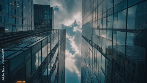 Dramatic Low Angle View of Modern Skyscrapers Reaching Towards Cloudy Sky in Urban Landscape