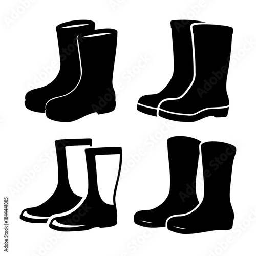 Set of black rubber rain boots vector icons for wet weather