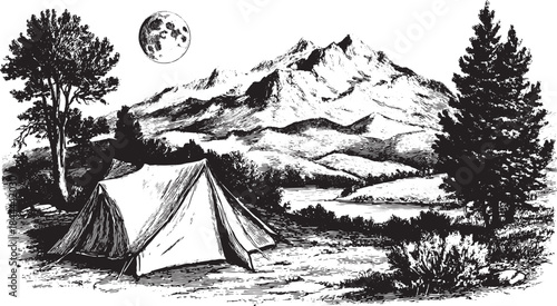 Black and white vector illustration of a camping tent surrounded by nature. Scenic view of mountains, trees, and a river under a starry night sky.