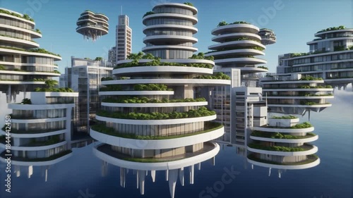 Futuristic Cityscape With Floating Buildings Over Blue Waters and White Clouds