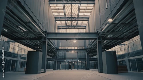 Industrial Interior Perspective With Steel Beams and Skylight in Neutral Tones