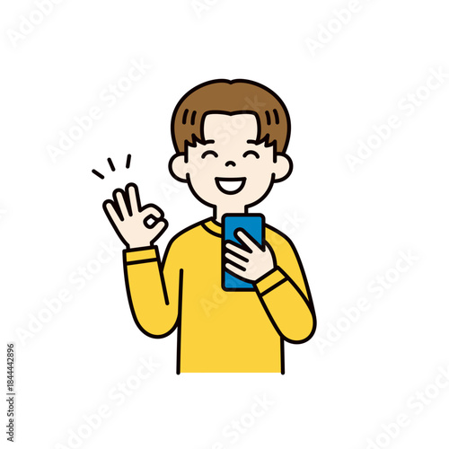 スマートフォンを持ってOKサインをする、若い男性・男子学生のベクターイラスト素材＿カラー