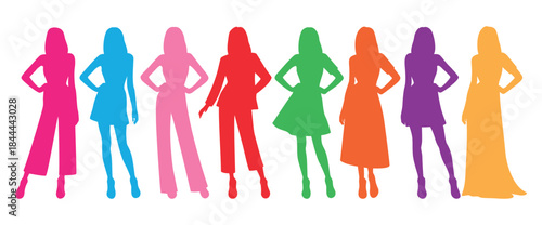 Colorful fashion female model silhouettes, women poses set