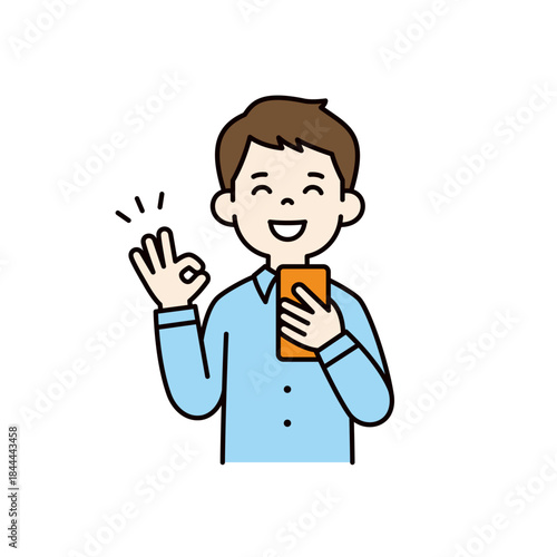 スマートフォンを持ってOKサインをする、男性・ビジネスマンのベクターイラスト素材＿カラー