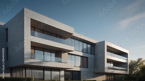 Modern Architectural Exterior Sunlight Concrete Building with Large Windows and Balconies Against Blue Sky