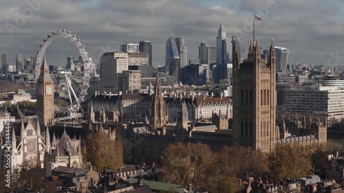 Aerial View Shot of London Westminster, heart of the city, London Skyline