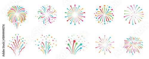Colorful fireworks explosion icon set, vibrant celebration elements