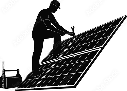 Silhouette of solar panel technician repairing photovoltaic array.
