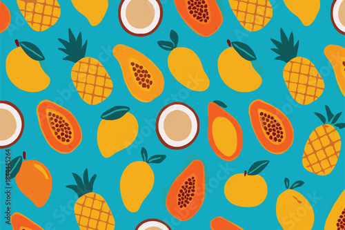 Bright Tropical Fruit Pattern On Blue Background With Pineapple, Mango, Papaya, And Coconut Slices