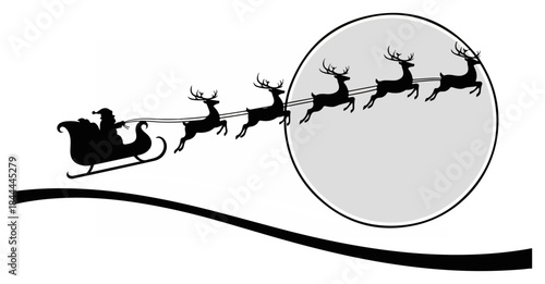 Silhouette of Santa Claus in his sleigh pulled by reindeer flying across a full moon.