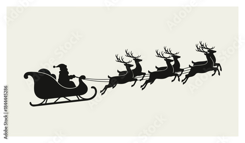 Silhouette of Santa Claus in his sleigh pulled by six flying reindeer against a light background, depicting a classic Christmas scene.