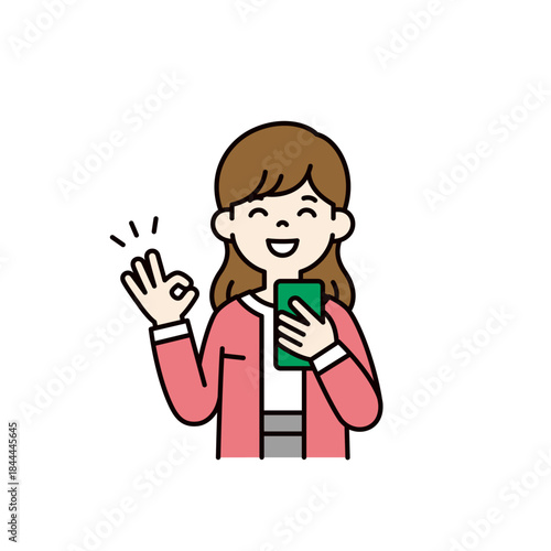 スマートフォンを持ってOKサインをする、女性・主婦・ママのベクターイラスト素材＿カラー