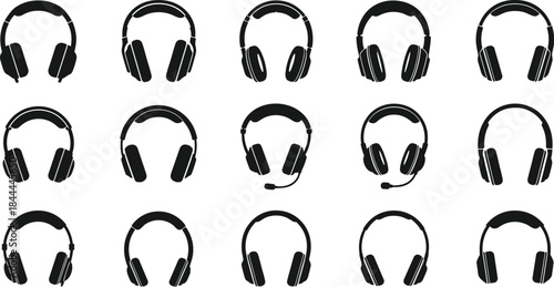 Vector icon collection of various headphones and headsets, illustrating music, audio, technology, communication, DJ equipment, listening devices, and sound concepts.