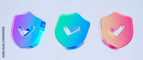 Set of 3D shield check icons, verified security concept. Colorful gradient glass like icon, trending glass holographic icon, for graphic design, UI UX interfaces, 3d render illustration.
