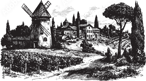 Rustic windmill on a hill surrounded by vineyards. Black and white vector illustration depicting a detailed landscape in a rural setting.