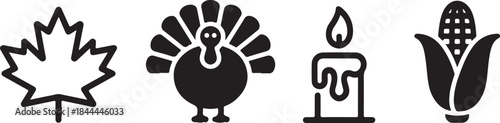 Autumn harvest and Thanksgiving celebration icons featuring a maple leaf turkey candle and corn perfect for seasonal design projects