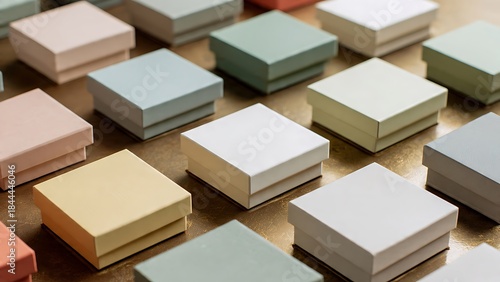 Small Colored Boxes Arranged Flat in Product Photography on a Neutral Surface
