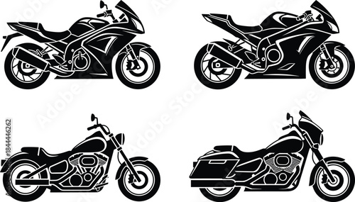 Sport and Cruiser Motorcycle Silhouette Vector Set, High Performance Superbike, Scooter, Chopper, and Touring Bike Transportation Graphic Collection.