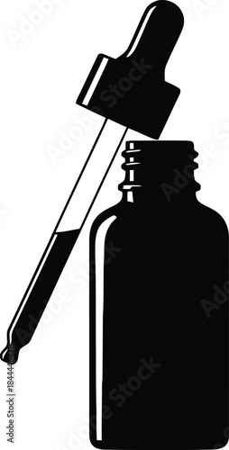 Black and white silhouette icon of a dropper bottle with the pipette raised.