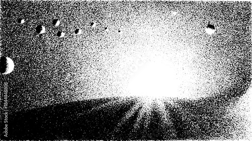 Space scene featuring planets and a bright sun on the horizon. Digital vector illustration in a monochrome, abstract style.
