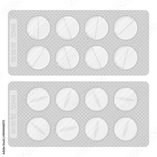 Medical blister packs with round white pills. Pharmaceutical vector illustration for use in medical brochures, pharmacy branding, healthcare apps, drug packaging mockups, and educational materials