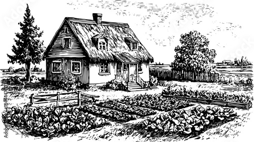 House and garden in outline style. Vintage vector illustration showing a rural farmhouse with crops and trees in a simple design set.