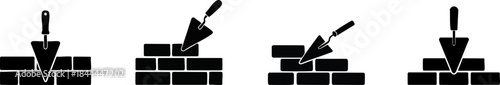 Silhouette of Masonry. A series of simple black icons illustrating the process of bricklaying, featuring a trowel and layers of bricks being stacked.