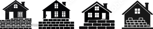 Four stylized house silhouettes on brick bases, showcasing different designs and features, ideal for architectural and construction themes.