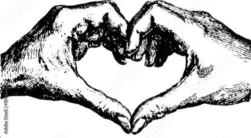 Hands forming a heart silhouette. Vintage line drawing vector illustration set.