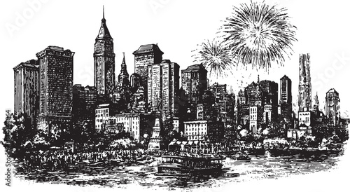 Vintage ink drawing of a grand city skyline at night. Detailed vector illustration featuring buildings, fireworks, and a boat on the water in a scenic set.