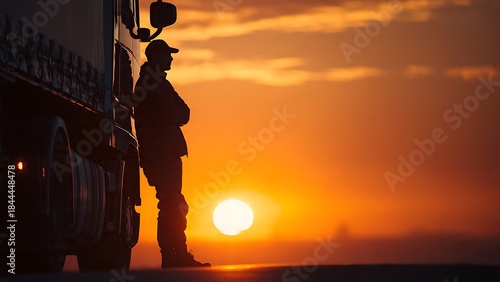Truck Driver Leaning Against Vehicle at Sunset with Stunning Horizon View