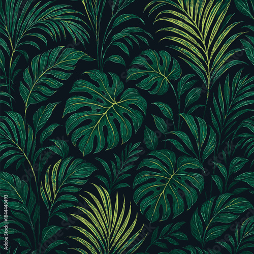 Tropical Leaf Pattern With Monstera And Palm Fronds On Dark Navy Backdrop, Seamless Design