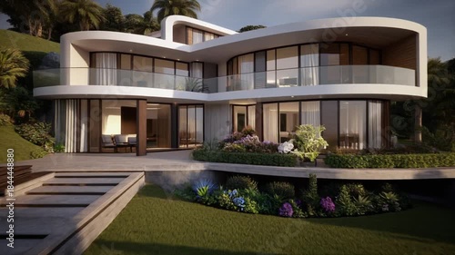 Modern White Architecture House Amidst Lush Tropical Greenery On Hillside